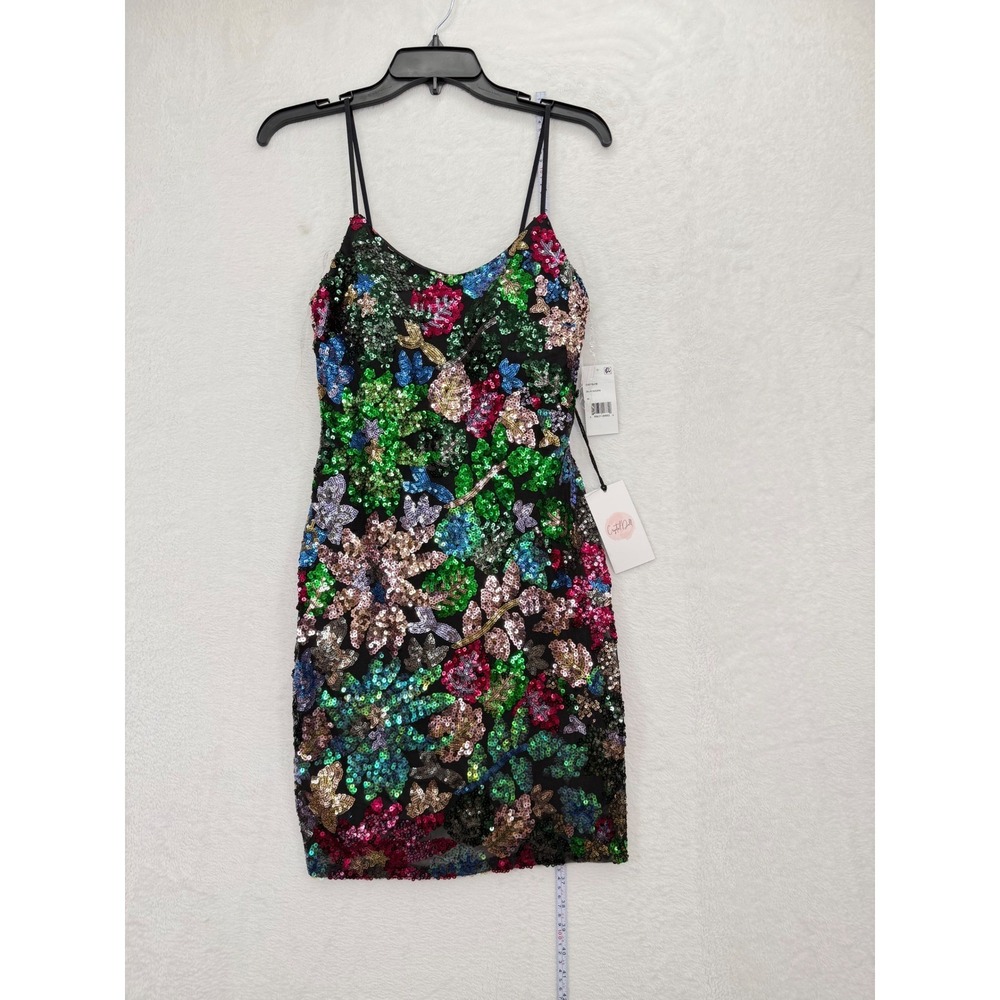 Crystal Doll Sequin Mini Dress Women Size LG new Floral Bodycon Multi-Color